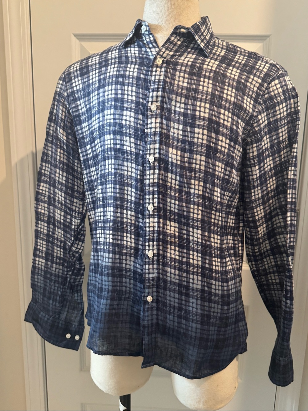 Michael Kors Men’s Blue Plaid Linen Slim Fit Button -Up Shirt - Size Medium